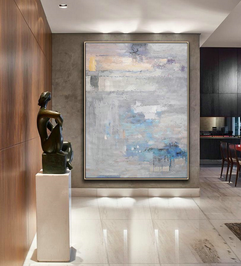 Oversized Canvas Art On Canvas,Vertical Palette Knife Contemporary Art,Extra Large Paintings,Grey,Blue,Violet Ash.etc